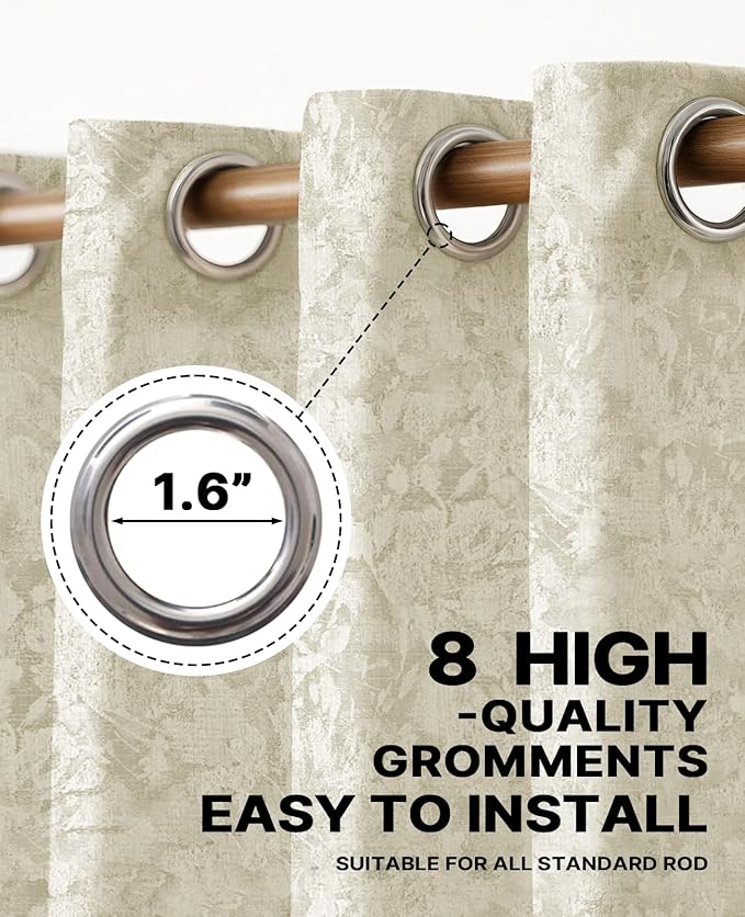 Chenille Floral Blackout Curtains 90 Inch Length 2 Panels Set - Bedroom Living Room Darkening Thermal Insulated Black Out Window Treatments Grommet Jacquard Drapes 52 Inch Wide Beige