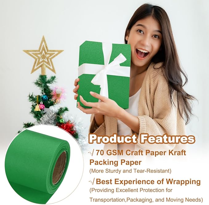 PATIKIL Wrapping Paper, 12" x 300"(25') 70 GSM Craft Paper Roll Kraft Packing Paper for Poster Bulletin Board, Gift Wrapping, Green