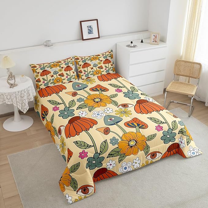 Castle Fairy Retro Flowers Bedding Set King Size,70s Floral Mushroom Comforter Set Room Decor for Couple,Art Hippie Plant Eye Print Microfiber Down Comforter,2 Pillowcases