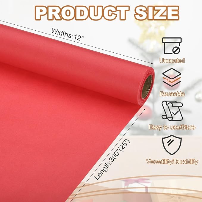 PATIKIL Wrapping Paper, 12" x 300"(25') 70 GSM Craft Paper Roll Kraft Packing Paper for Poster Bulletin Board, Gift Wrapping, Bright Red