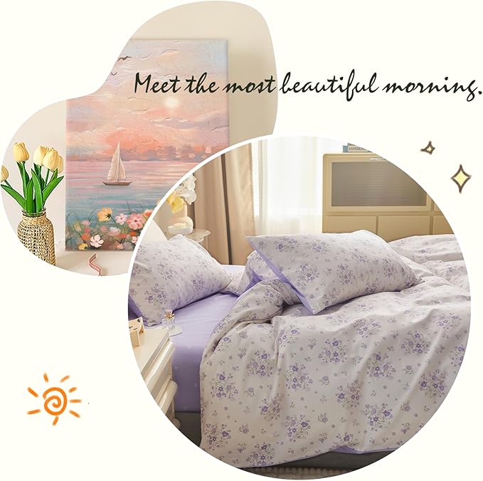 LifeTB Purple Floral Duvet Cover Twin XL Soft White 100% Cotton Chic Garden Floral Bedding Set Twin XL Aesthetic Girls Flower Comforter Cover Vintage Floral Botanical Duvet Cover with Zipper Closure