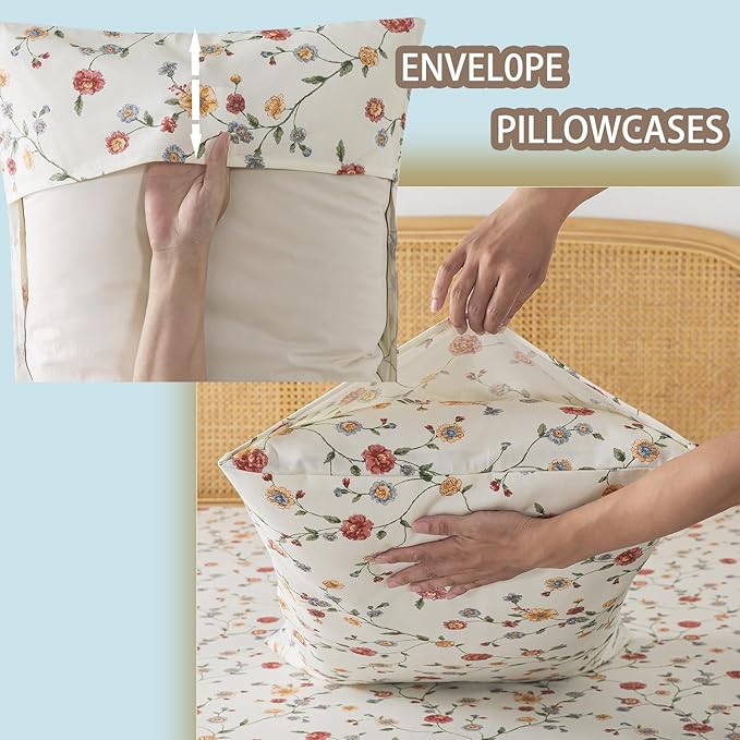 Zusbest Full Size Sheets 100% Percale Cotton Off White Floral Bed Sheet, Brushed for Extra Softness, Breathable Luxury Flannel Sheets Like Pink Flower Print Deep Pocket Bed Set 17.5'' 4 Pcs