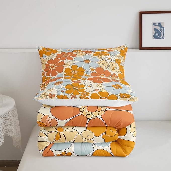 Castle Fairy Retro 70s 60s Floral Hippie Comforter Set Full Size,Summer Groovy Flowers Bedding Comforters Room Decor,Boho Plant Quilt Set with 2 Pillowcases,Teens Present
