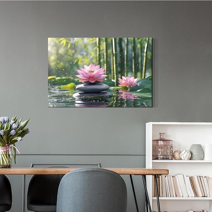 Ethereal pink lotus on obsidian Sunlit bamboo forest with sparkling water drops Poetic nature inspired wall art for tranquil homes and mindful spaces 24x36in Wood Framed