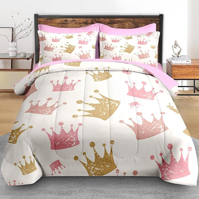 Comforter Set Full Size, Cute Kids Crown 7 Pcs Bedding for Kids and Adults, Pink Princess Girls Bed Sheet Sets with Fitted Sheet 2 Pillowcase & 2 Sham for Bedroom Bed Decor