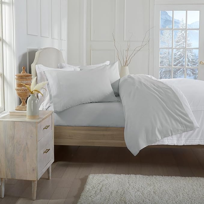 Market & Place 100% Cotton Full Flannel Sheet Set | 4 Piece Deep Pocket Solid Cozy Winter Bed Sheets | Double Brushed for Extra Softness & Comfort | Chalet Collection (Full, Light Grey)