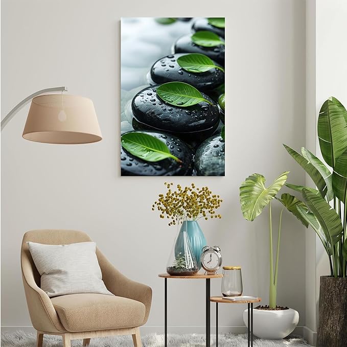 Glittering black stone cluster with fresh green leaves and water drops poster tranquil mist rain wall art zen wall art suitable for modern minimalist home decor 28x40in Frameless