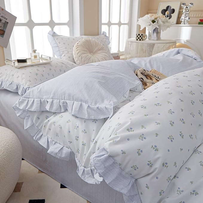 White Duvet Cover Floral Lace Duvet Cover King Cute Blue Flower Green Leaves Print Ruffle Comforter Cover Vintage Princess Lace Bedding Set Botanical Floral Comforter Cover Cottagecore Bedding Set