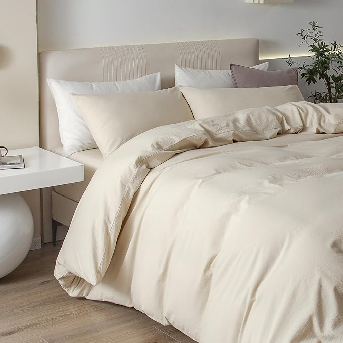 JIYUAN 100% Washed Cotton Duvet Cover Set 3 Pieces Oversized King, 1 Duvet Cover 120x98 Inches(Comforter Not Included) and 2 Pillowcases,Linen Feel Bedding Set Comfy and Breathable,Heathered Beige
