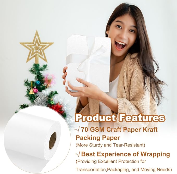 PATIKIL Wrapping Paper, 20" x 700"(59') 70 GSM Craft Paper Roll Kraft Packing Paper for Poster Bulletin Board, Gift Wrapping, White