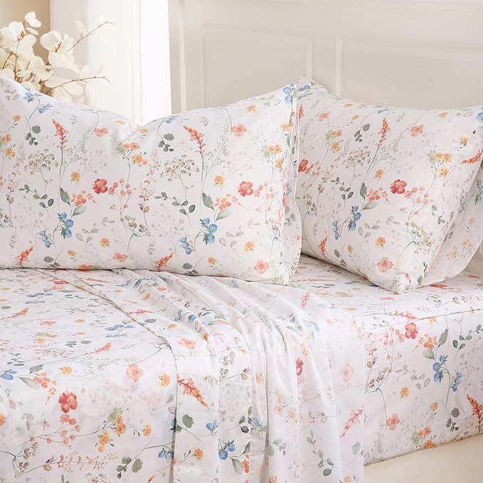 Zusbest Queen Sheet Set Floral Patterned 100% Percale Cotton Orange Blue Flower Sheets Set Green Botanical Printed on White Deep Pocket Fitted Sheets, Crisp Soft Breathable for Hot Sleepers, 4 Pcs