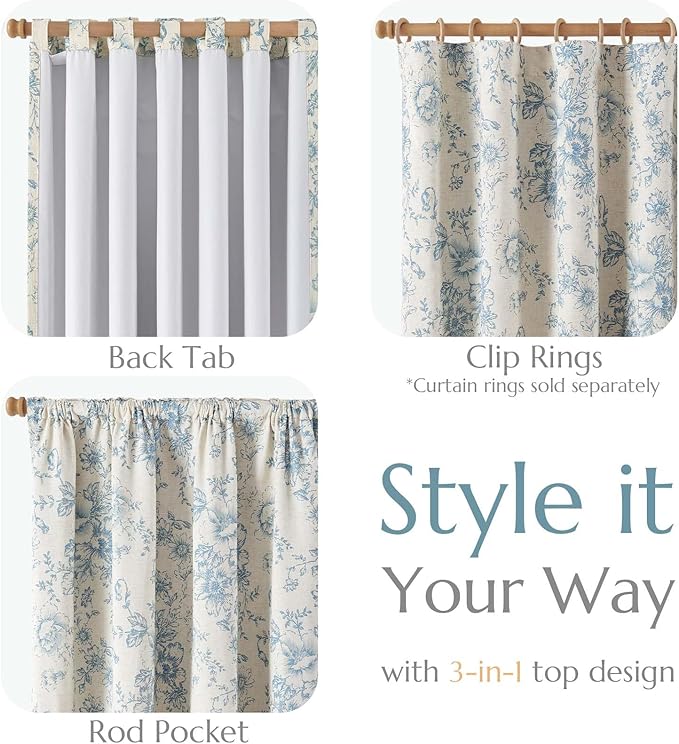jinchan Blackout Linen Blend Curtain Floral Blackout Curtains for Living Room 96 Inch Length Blue Printed with Lined Blackout Curtain for Bedroom Farmhouse Curtains Set 2 Panels
