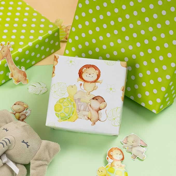 Homeral Baby Shower Wrapping Paper Roll - Cute Animal Design - 17 Inch x 16.4 Feet, Reversible Green Gift Wrap with Lion, Elephant, Turtle, Giraffe, Zebra, Perfect for Baby Boy & Girl Birthday