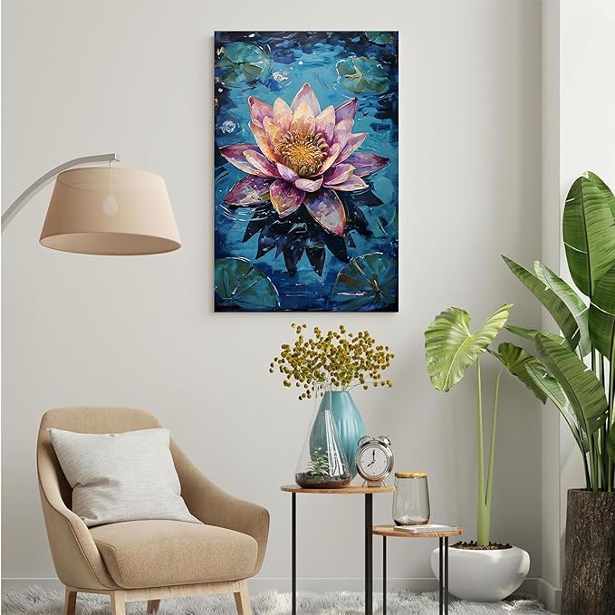 Gorgeous pink and purple water lilies on deep blue water Eye-catching oil painting Serene aquatic wall art for modern home decor 20x30in Frameless