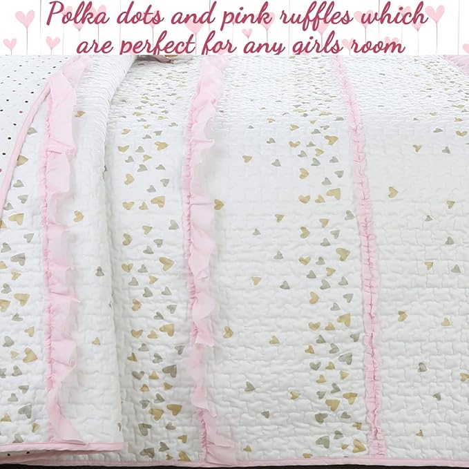 Cozy Line Home Fashions Pink Ruffle Gold Hearts Girl 100% Cotton Reversible All-Season Coverlet, Bedspread, Quilt Bedding Set (Sparkling Hearts, Twin)