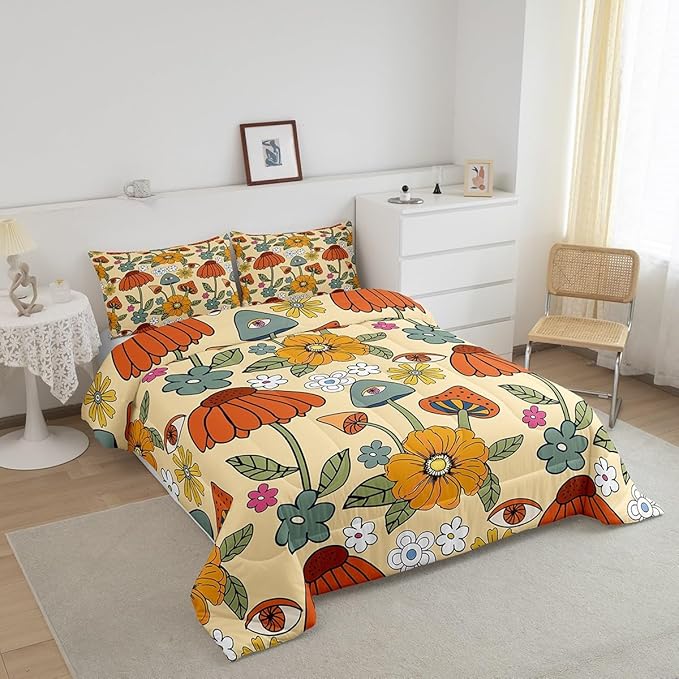 Castle Fairy Retro Flowers Bedding Set King Size,70s Floral Mushroom Comforter Set Room Decor for Couple,Art Hippie Plant Eye Print Microfiber Down Comforter,2 Pillowcases