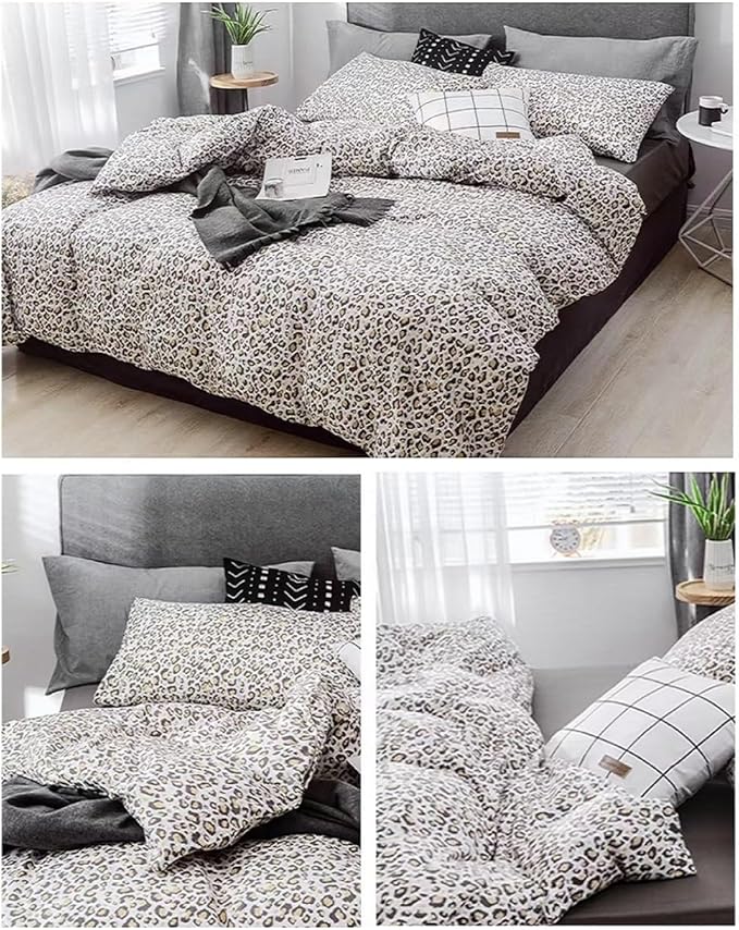LifeTB Boho Leopard Print Comforter Set Full Size Beige Brown Animal Cheetah Print Comforter Fluffy Soft Leopard Print Floral Bedding Comforter Full with 2 Pillowcases Vintage Full Size Comforter Set