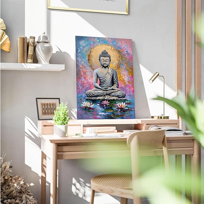 Lotus and golden Buddha meditation tranquil zen wall art mindfulness wall art for spiritual harmony and tranquility decor 28x40in Wood Framed