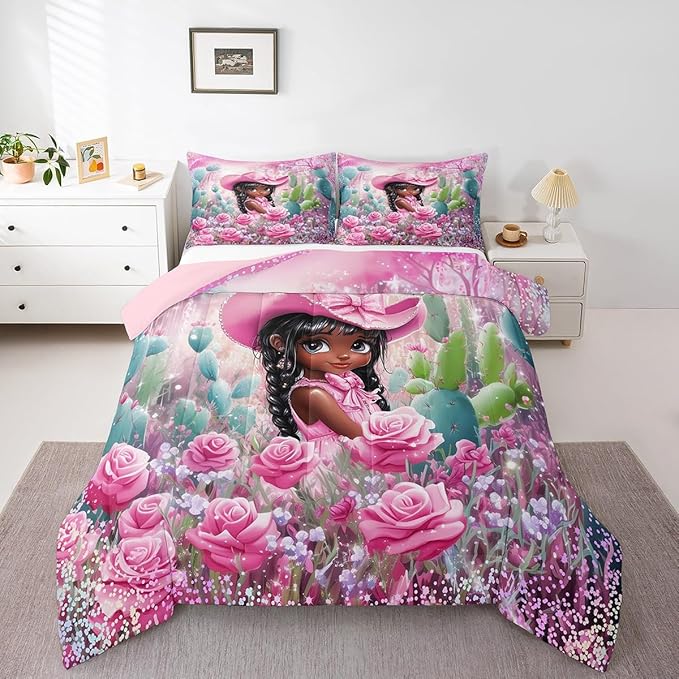 Pink Cowgirl Comforter Set King Size,Reversible Southwest African Style Black Bedding Set All Season Quilt Set,Western Floral Desert Cactus Sparkling Microfiber Polyester Down Comforter
