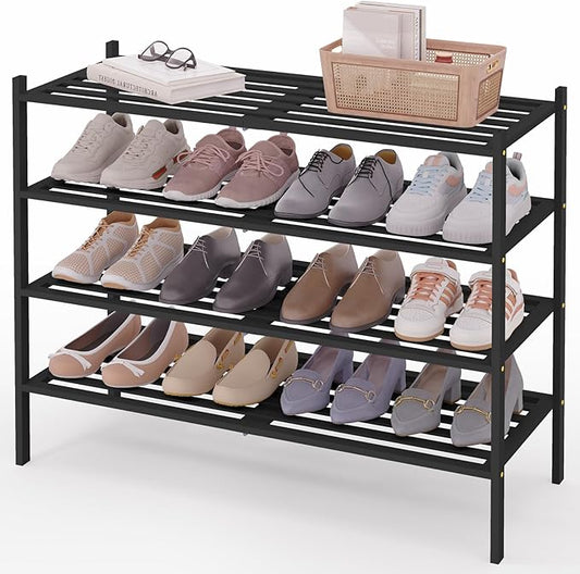 Smiry Long Bamboo Shoe Rack 4-Tier, Stackable Wooden Shoe Organizer for Entryway & Closet, Free Standing Wood Shoe Storage Shelf for Front Door & Small Spaces, Black