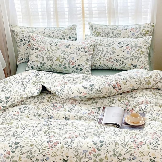 VM VOUGEMARKET Twin XL Comforter Set 3 Pieces Green White Flower Botanical Comforter with 2 Pillowcases Microfiber Cottagecore Bedding Set Twin