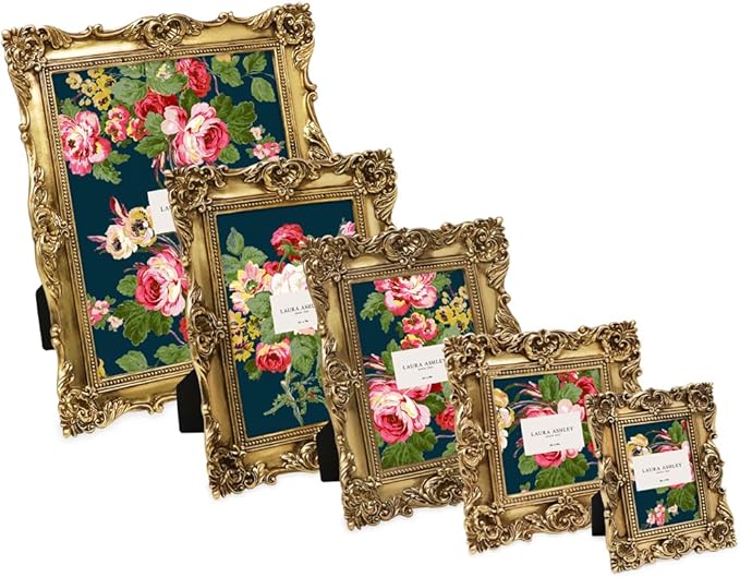 Laura Ashley 2x3 Gold Ornate Textured Hand-Crafted Resin Picture Frame with Easel, for Tabletop & Wall Display, Decorative Floral Design Home Décor, Photo Gallery, Art & More (2x3, Gold)