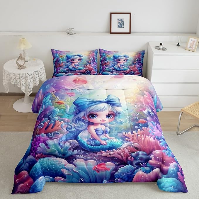 Cute Mermaid Comforter Set Twin Size,Beautiful Mermaid Fairy Tale Reversible Bedding Set for Kids Boys Men,Watercolor Coral Cartoon Undersea World Quilted Duvet Set with 1 Pillowcase