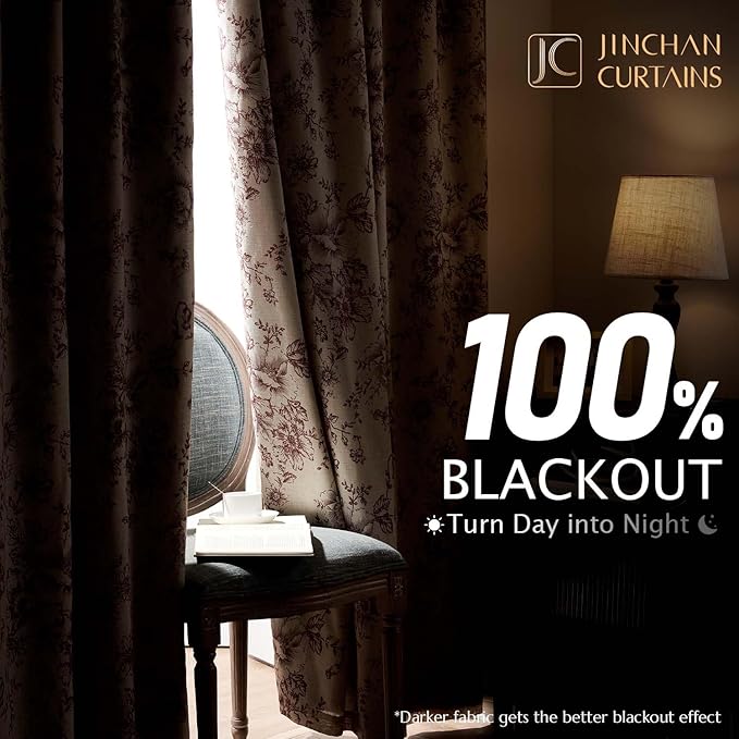 jinchan Blackout Floral Curtains Linen Blend Curtain for Living Room 96 Inch Length Christmas Brick Red Flower Printed Drapes for Bedroom Rod Pocket Back Tab Farmhouse Curtains Set 2 Panels