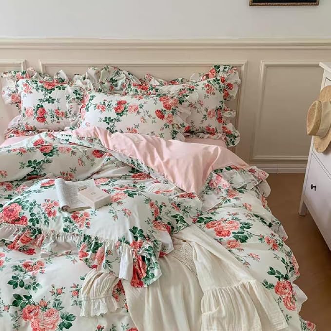 Girls Flower Comforter Set Twin XL Boho Style Pink Floral Comforter with Romantic Ruffle Aesthetic Rose Flower Cottagecore Bedding Set Fluffy Soft Vintage Botanical Comforter Set with 2 Pillowcases