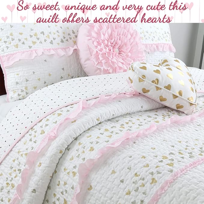 Cozy Line Home Fashions Pink Ruffle Gold Hearts Girl 100% Cotton Reversible All-Season Coverlet, Bedspread, Quilt Bedding Set (Sparkling Hearts, Twin - 4 Piece: 1 Quilt + 1 Sham + 2 Decor Pillows)