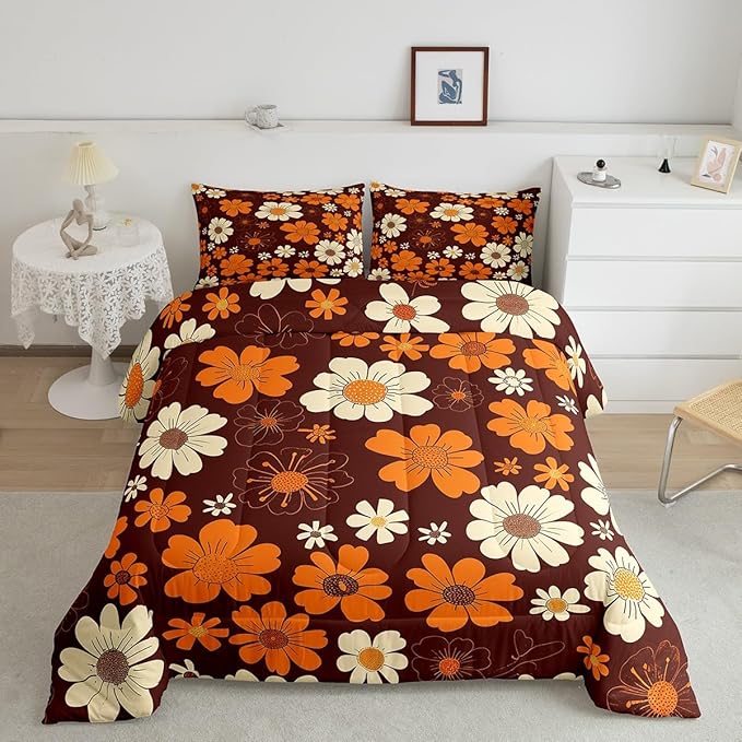 70s Groovy Flowers Bedding Set King Size,Hippie Retro Farmhouse Plant Comforter Set Room Decor for Couple,Brown White Yellow Floral Microfiber Down Comforter,2 Pillowcases