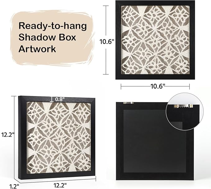 FOLKOR Abstract Black and White Wall Art for Bedroom Decoration, 12" Handmade Rice Paper Geometric Artwork Eclectic Decor, Floating Shadow Box Art for Boho Kitchen Dining Room Nursery Decoration