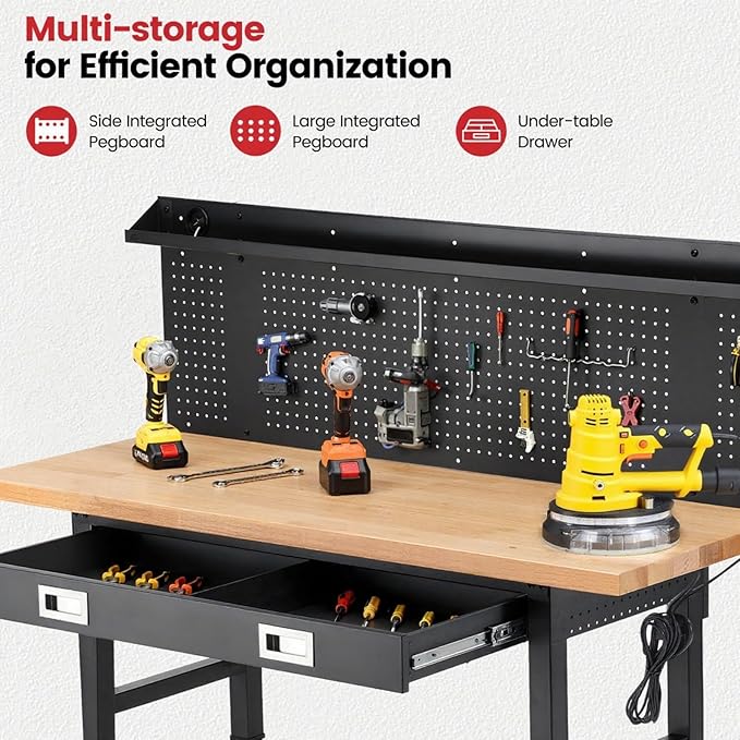 Work Bench with Wheels 60 x 22 Inch Heavy Duty Rubberwood Tabletop Work Table Adjustable Height Garage Workbench with LED, Drawers, Pegboard, Power Outlets for Woodworking Shop, Home, Office
