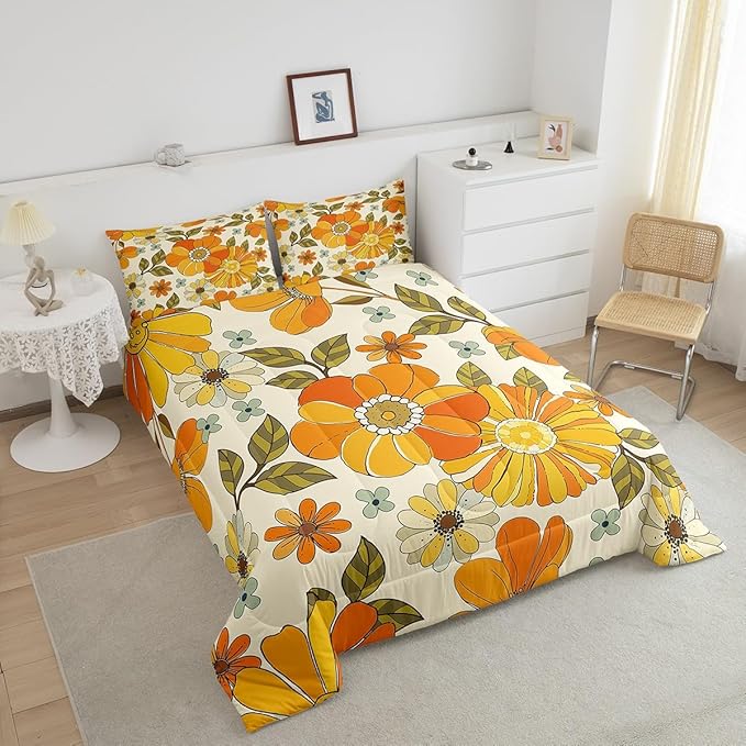Castle Fairy Retro Flowers Comforter Set Twin Size,Watercolor Yellow Floral Green Leaves Plant Quilt Set for Kids Boys Bedroom Collection,70s Trippy Daisy Polyester Bedding with 1 Pillowcase,2Pcs