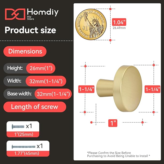 homdiy 5 Pack Gold Cabinet Knobs Round Brushed Brass Kitchen Handles Zinc Alloy Metal Hardware for Dresser Drawer Desk Cupboard