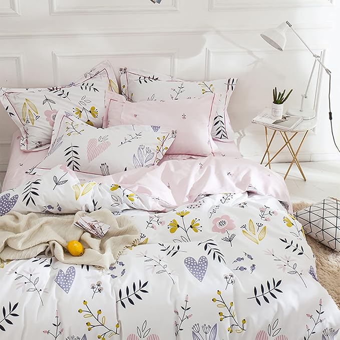 HighBuy Girls Duvet Cover Full Size Bedding Sets Floral Aesthetic Coquette Bedding Set White Pink Premium Cotton Teens Flower Bedding Sets Kids Comforter Cover Soft Branches Full Pink