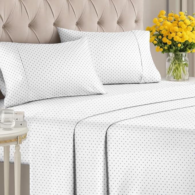 Blue Dot Pattern Sheets - 1 Flat & 1 Fitted Sheet & 2 Pillowcases w/ Deep Pockets - Spot Print Bedding - Wrinkle & Fade Resistant - Soft, Breathable & Cooling - Comfy, Luxury Bedding - King Size