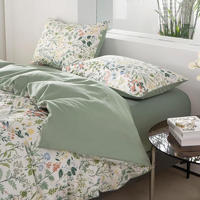 mixinni Sage Green Duvet Cover Set King-Exquisite Floral King Size Comforter Set for All Seasons, 3 Pieces, 1 Wildflower Plants Duvet Cover (104"x90") and 2 Pillow Cases (20"x36"), Sage Green