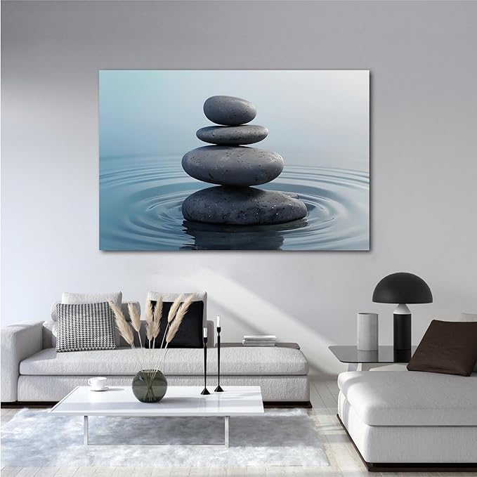 Zen wall art Harmonious grey stones stacked on a calm surface of water Serene Zen decor suitable for tranquil homes and spaces of meditation 20x30in Frameless