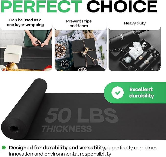 Black Paper Roll 48" x 1200" (100 feet) - USA-Made Kraft Paper 50lb Thickness for Packing, Wrapping, Moving, Shipping & Crafts/Arts - 100% Recyclable Natural Craft Material Roll by IDL Packaging