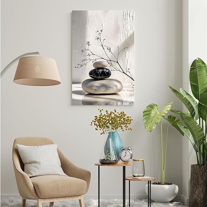 Gray and black stone pile and dried flowers poster canvas wall art in harmony Minimalist wall art for tranquil homes and mindful spaces 24x36in Wood Framed