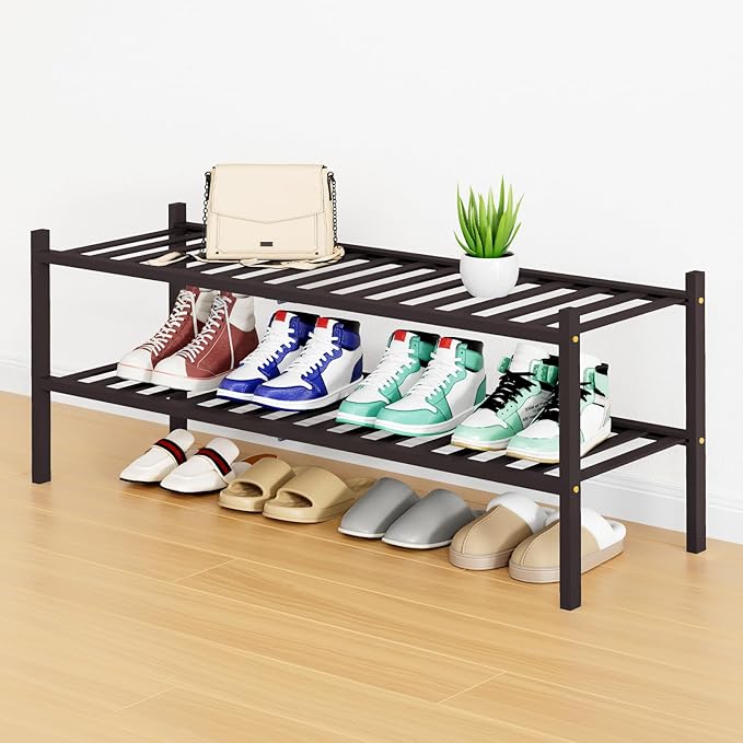 Smiry Shoe Rack, 2 Tier Long Bamboo Shoe Organizer, Stackable Free Standing Wooden Shoe Storage Shelf for Closet, Entryway, Front Door Entrance, Brown