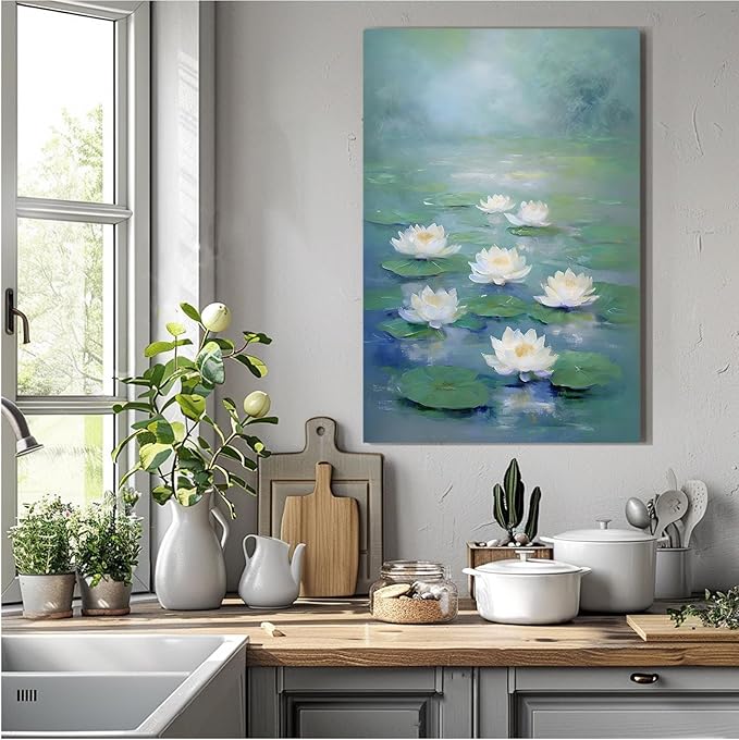 Zen wall art Delicate white lotus flower floating on calm water Vintage oil painting print Serene aquatic wall art creates a tranquil home decor 8x12in Frameless