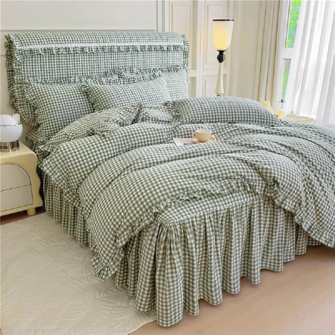 LifeTB Green Gingham Comforter Set King 3 Pieces Ruffle Plaid Comforter Set Chic Grid Bed Comforter with 2 Pillowcases Fluffy Soft Checkered Pattern Comforter Gingham Bedding Comforter King