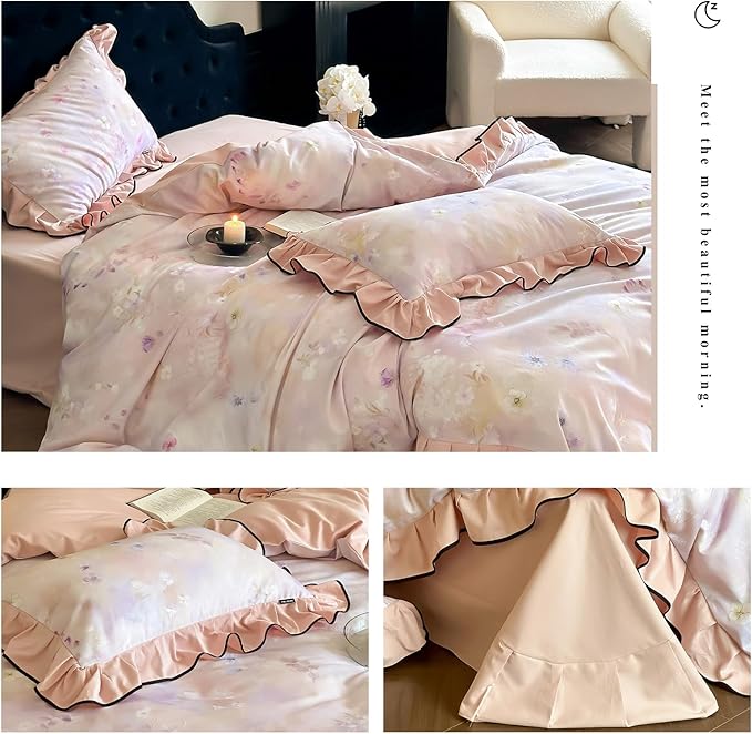 HighBuy College Girl Ruffle Duvet Cover Set Twin XL,Brushed Cotton Comforter Cover Pink Floral Lace Bedding Set Chic Cottagecore,Durable Soft Duvet Cover Set with Zipper,Breathable