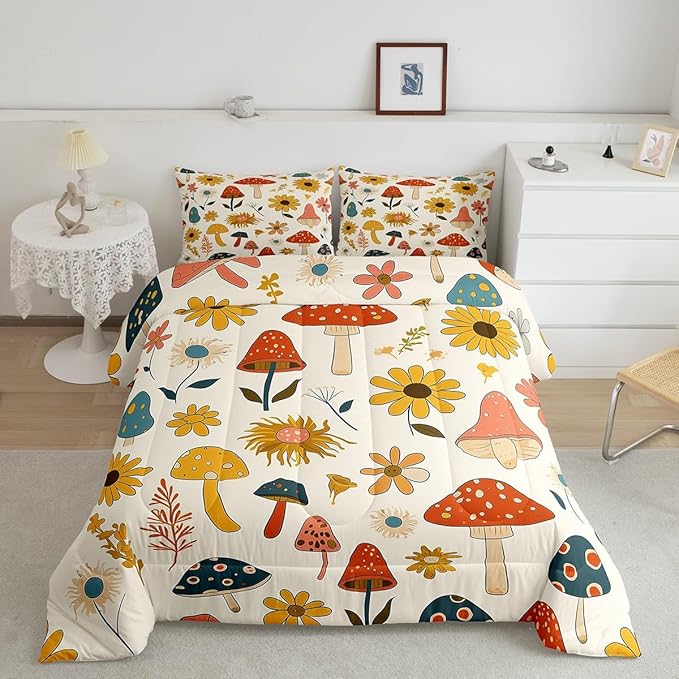 Castle Fairy Retro Mushroom Flowers Comforter Set Full Size,70s 60s Groovy Bedding Comforters Room Decor,Vintage Boho Plant Floral Quilt Set with 2 Pillowcases,Teens Present