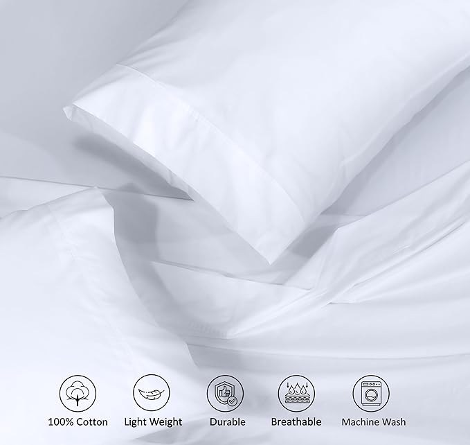RUVANTI 100% Cotton Sheets Queen Size Set, 4 Pieces, Soft & Breathable Percale Weave Bedding, Deep Pocket 16", Hotel Standard, Crisp Cool Feeling, Durable, Perfect Dyed Bed Sheet, Bright White