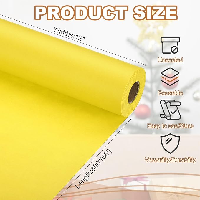 PATIKIL Wrapping Paper, 12" x 800"(66') 70 GSM Craft Paper Roll Kraft Packing Paper for Poster Bulletin Board, Gift Wrapping, Yellow