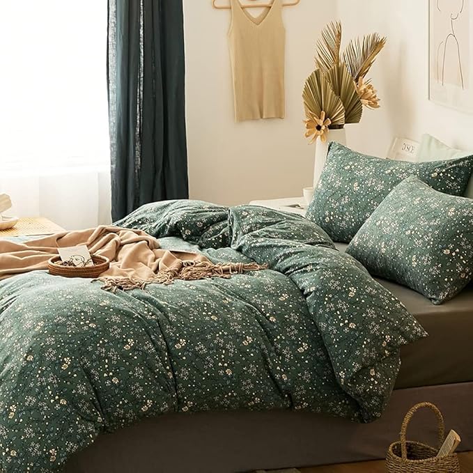 LifeTB Green Floral 100% Jersey Knit Cotton Duvet Cover Queen Vintage Style Botanical Floral Bedding Set Chic Shabby Green Floral Comforter Cover Girl Women Flower Bedding Cover with 2 Pillowcases