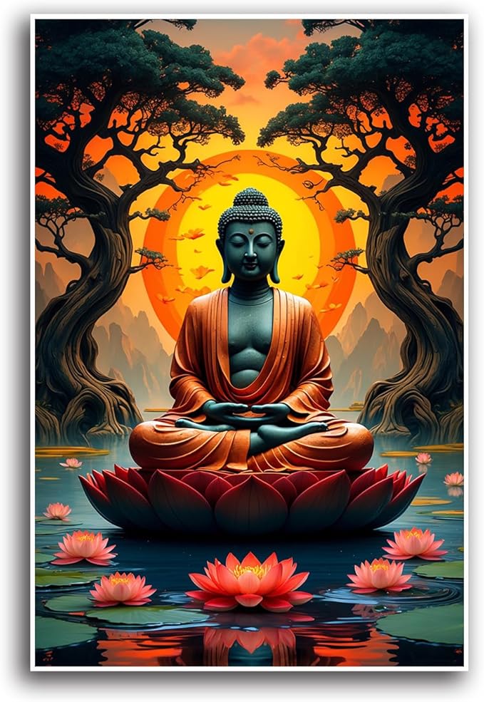 Canvas wall art Golden Buddha on lotus at sunset Ancient trees with reflections on water Serene meditation scene Uplifting wall art for mindfulness and tranquil home decor 28x40in Frameless